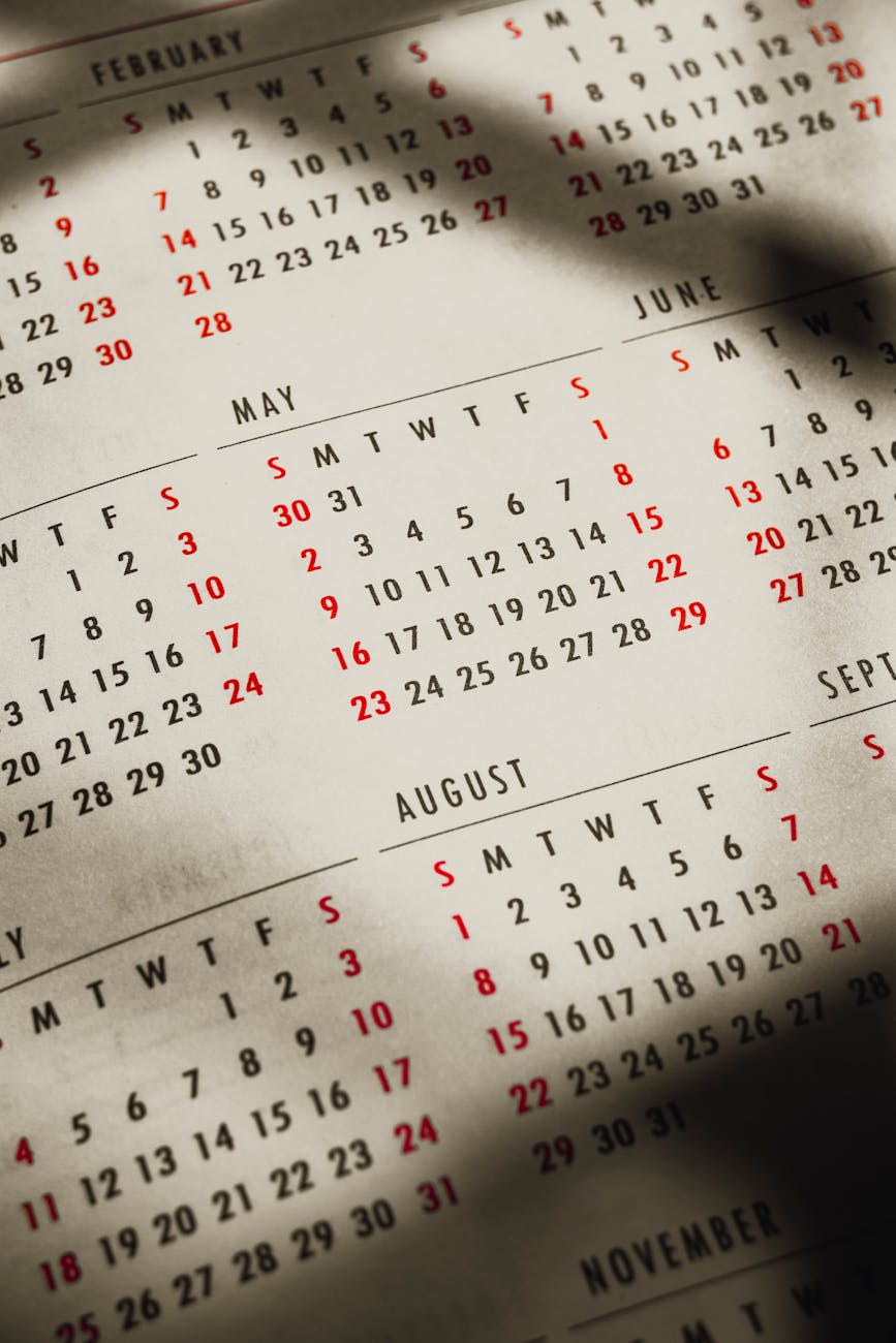 paper calendar with months and days in sunbeam